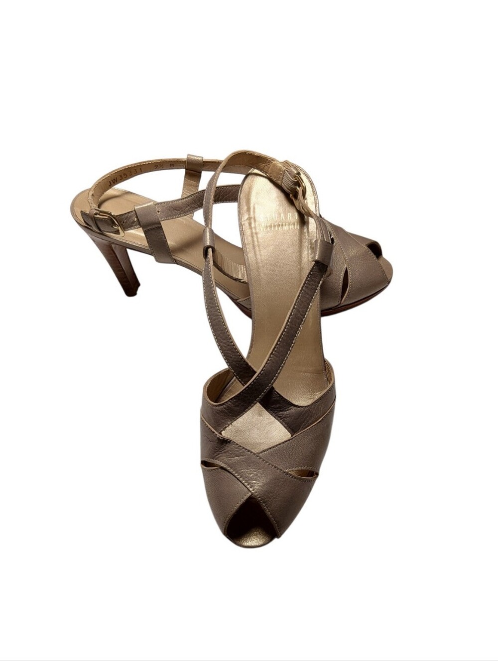 Stuart Weitzman Taupe Strappy Peep Toe Buckle Leather Stiletto Sandals